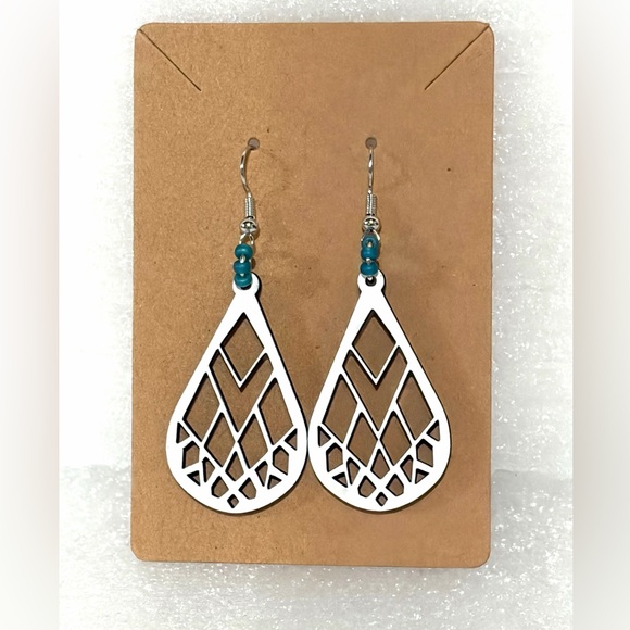 Jewelry - Elegant White and Teal Teardrop Wood Earrings. Hand Crafted